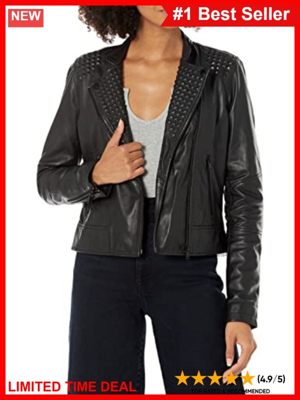 Studded Leather Moto Jacket Long Sleeve Notch Collar Fitted
